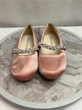 Felix & Flora Girls Pink Satin Mary Jane Dress Shoes Pearl Rhinestone Size 10